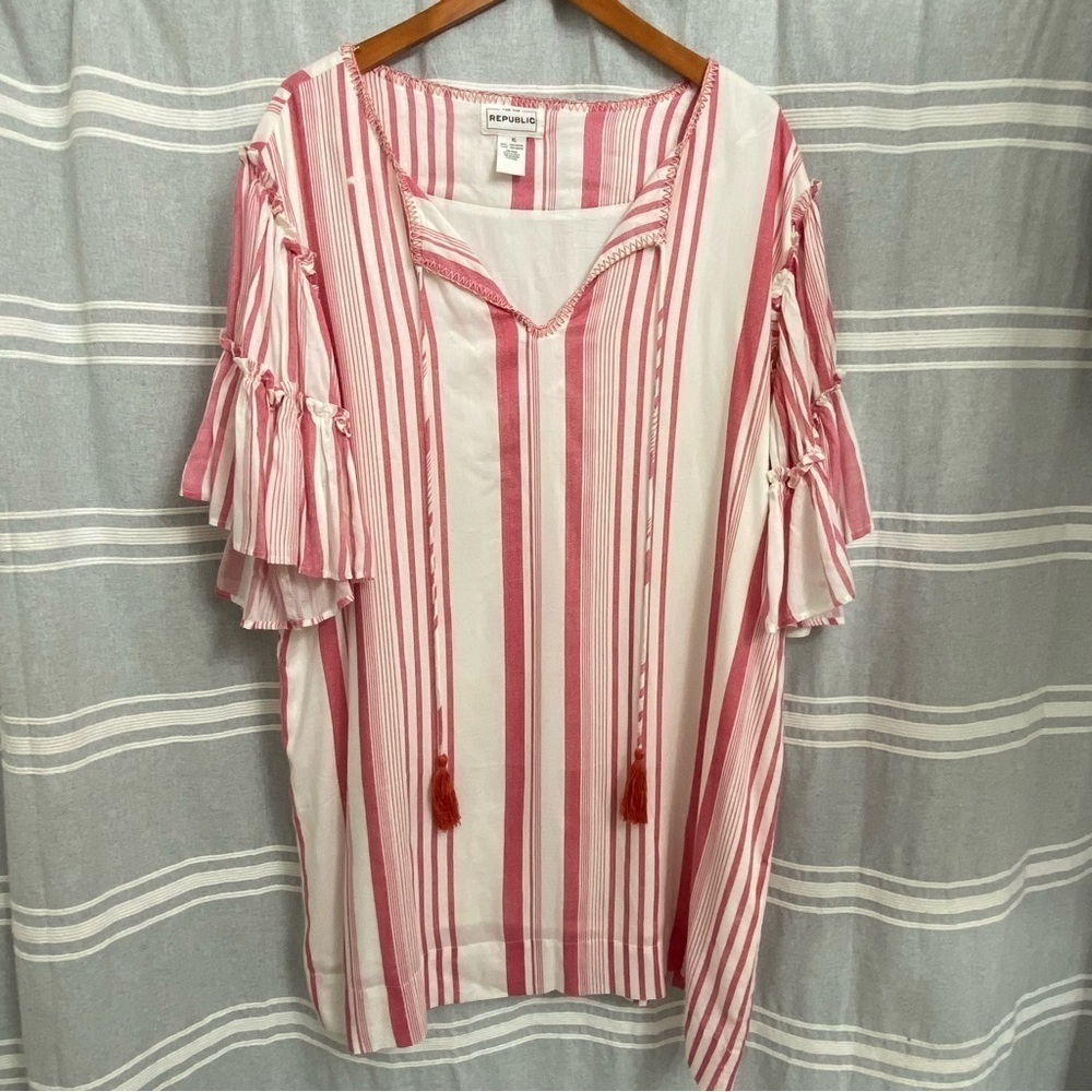 FOR THE REPUBLIC / Red & Cream Ruffle Sleeve Dress Size XL - Picture 1 of 8